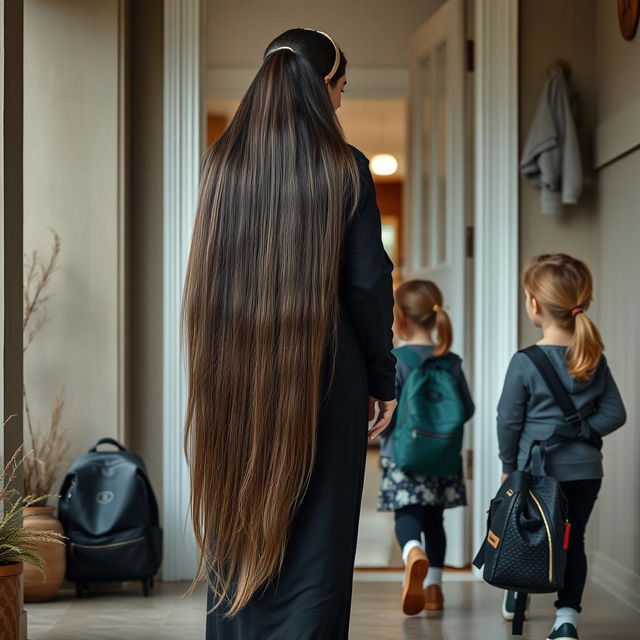 A mother with extremely long, silky hair, flowing freely with a hairband, wearing a black winter abaya, stands at the doorway