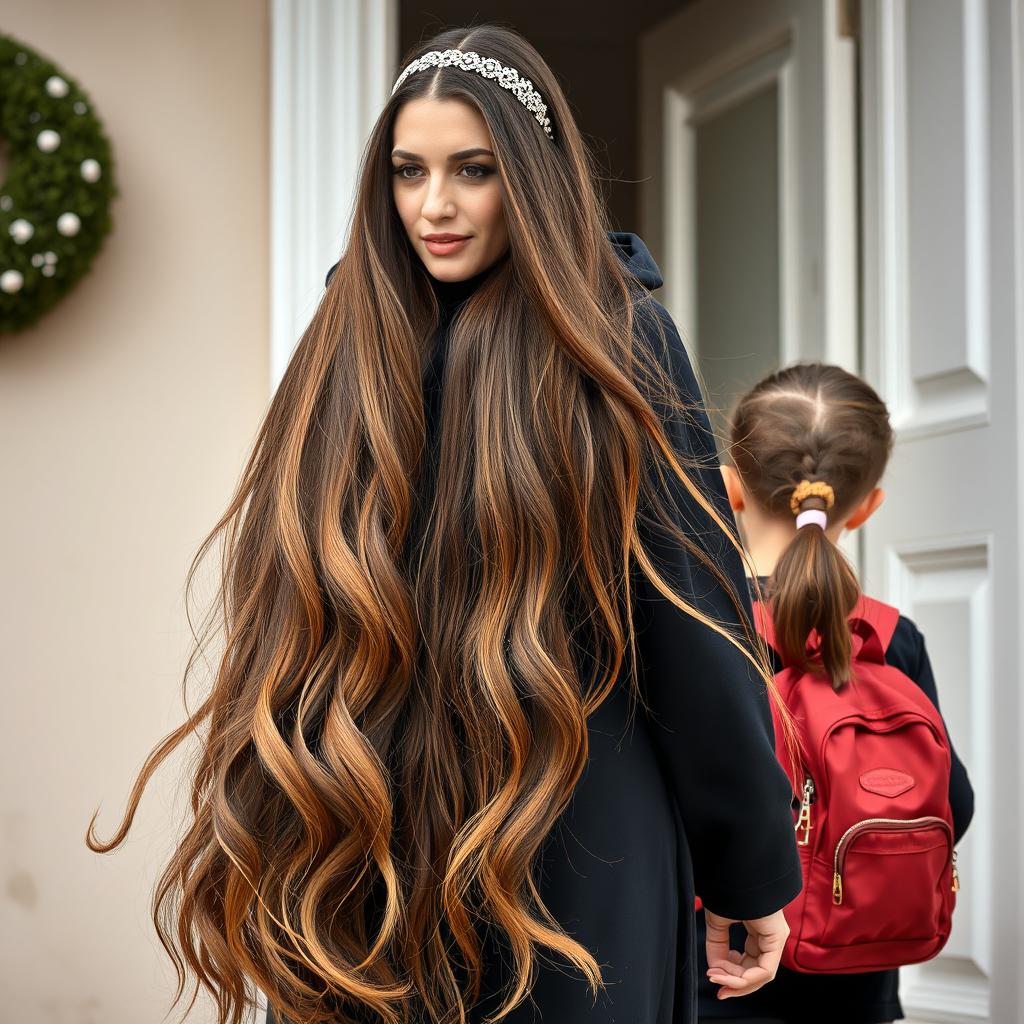 A scene capturing a mother with extremely long, silky hair adorned with a headband, her hair beautifully flowing and unrestrained, dressed in a black winter abaya