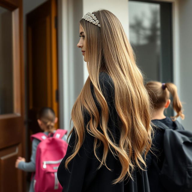 A scene capturing a mother with extremely long, silky hair adorned with a headband, her hair beautifully flowing and unrestrained, dressed in a black winter abaya