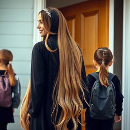 A scene capturing a mother with extremely long, silky hair adorned with a headband, her hair beautifully flowing and unrestrained, dressed in a black winter abaya