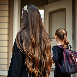 A scene capturing a mother with extremely long, silky hair adorned with a headband, her hair beautifully flowing and unrestrained, dressed in a black winter abaya