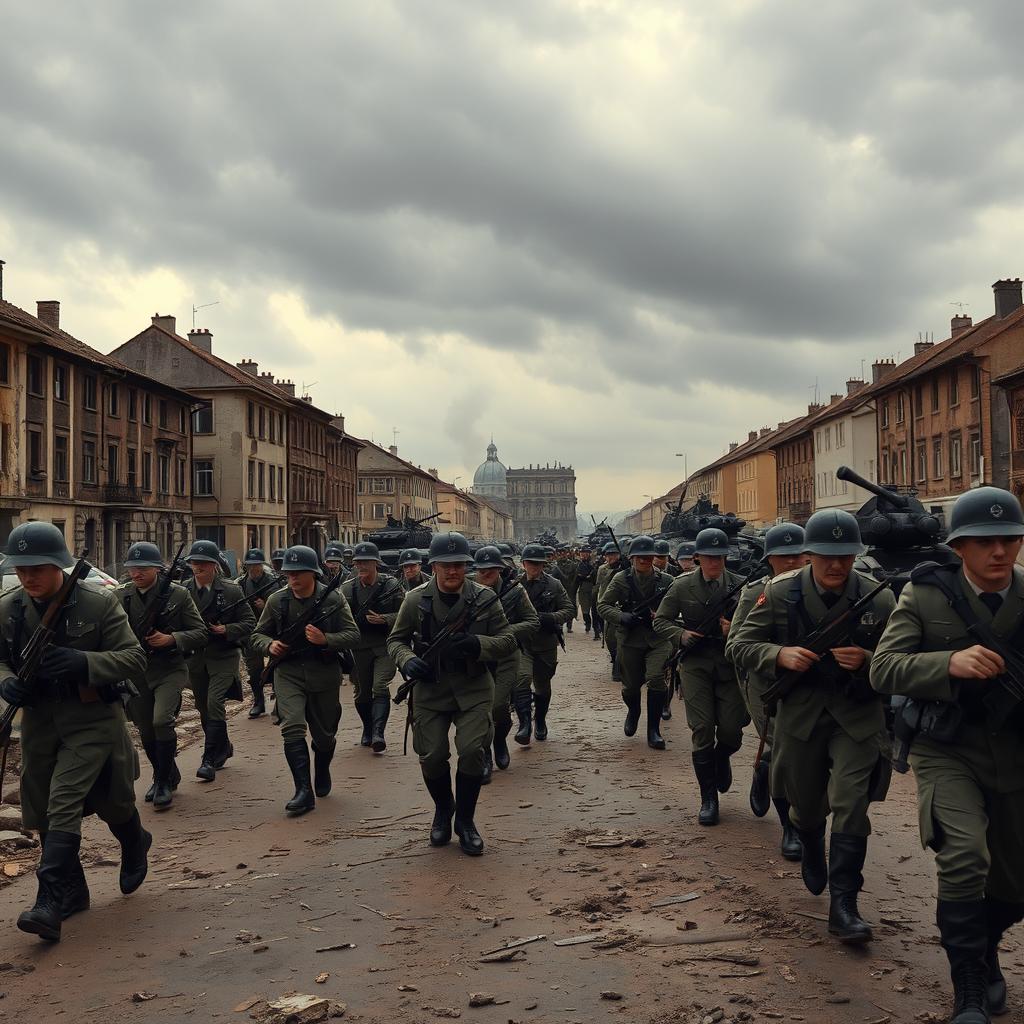 A historical scene depicting the Nazi invasion during World War II, with soldiers in WWII-era German uniforms advancing through a war-torn European city