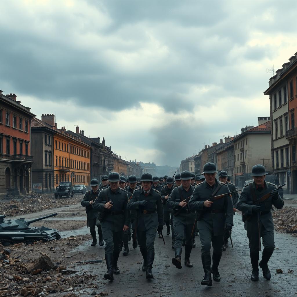 A historical scene depicting the Nazi invasion during World War II, with soldiers in WWII-era German uniforms advancing through a war-torn European city