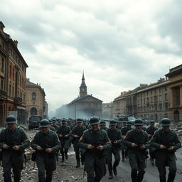 A historical scene depicting the Nazi invasion during World War II, with soldiers in WWII-era German uniforms advancing through a war-torn European city