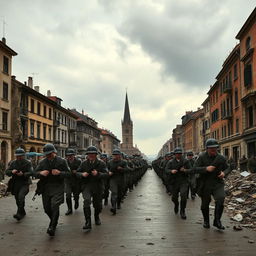 A historical scene depicting the Nazi invasion during World War II, with soldiers in WWII-era German uniforms advancing through a war-torn European city