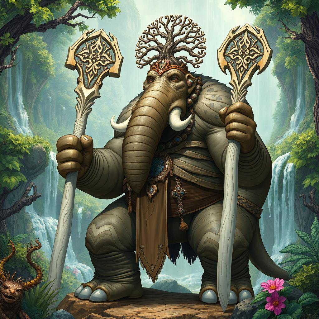 A detailed illustration of a male Loxodon character from Dungeons and Dragons, depicted as an imposing Druid