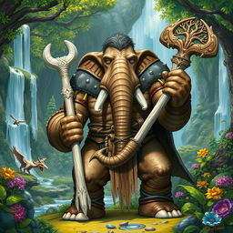 A detailed illustration of a male Loxodon character from Dungeons and Dragons, depicted as an imposing Druid