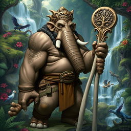 A detailed illustration of a male Loxodon character from Dungeons and Dragons, depicted as an imposing Druid