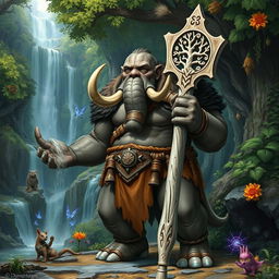 A detailed illustration of a male Loxodon character from Dungeons and Dragons, depicted as an imposing Druid