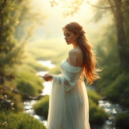 A serene and artistic representation of a beautiful and graceful woman in nature, delicately capturing the beauty of natural settings and soft morning light