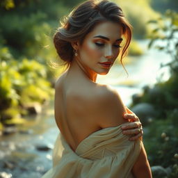 A serene and artistic representation of a beautiful and graceful woman in nature, delicately capturing the beauty of natural settings and soft morning light