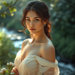 A serene and artistic representation of a beautiful and graceful woman in nature, delicately capturing the beauty of natural settings and soft morning light