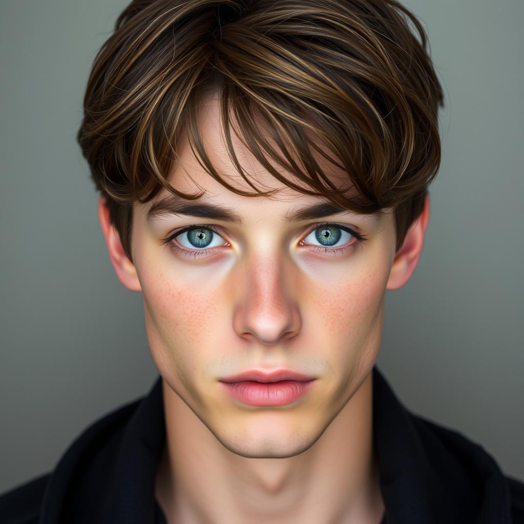 Portrait of a young man with brown hair and striking grey eyes, exuding a youthful charisma