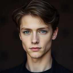 Portrait of a young man with brown hair and striking grey eyes, exuding a youthful charisma