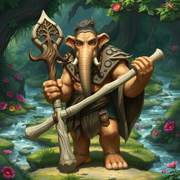 A detailed illustration of a youthful male Loxodon character from Dungeons and Dragons, shown as a wise and powerful Druid