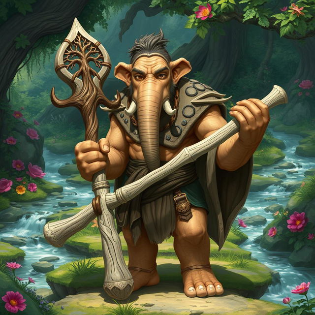 A detailed illustration of a youthful male Loxodon character from Dungeons and Dragons, shown as a wise and powerful Druid