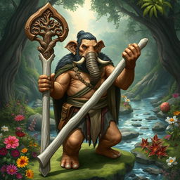 A detailed illustration of a youthful male Loxodon character from Dungeons and Dragons, shown as a wise and powerful Druid