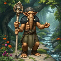 A detailed illustration of a youthful male Loxodon character from Dungeons and Dragons, shown as a wise and powerful Druid