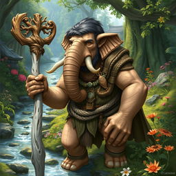 A detailed illustration of a youthful male Loxodon character from Dungeons and Dragons, shown as a wise and powerful Druid