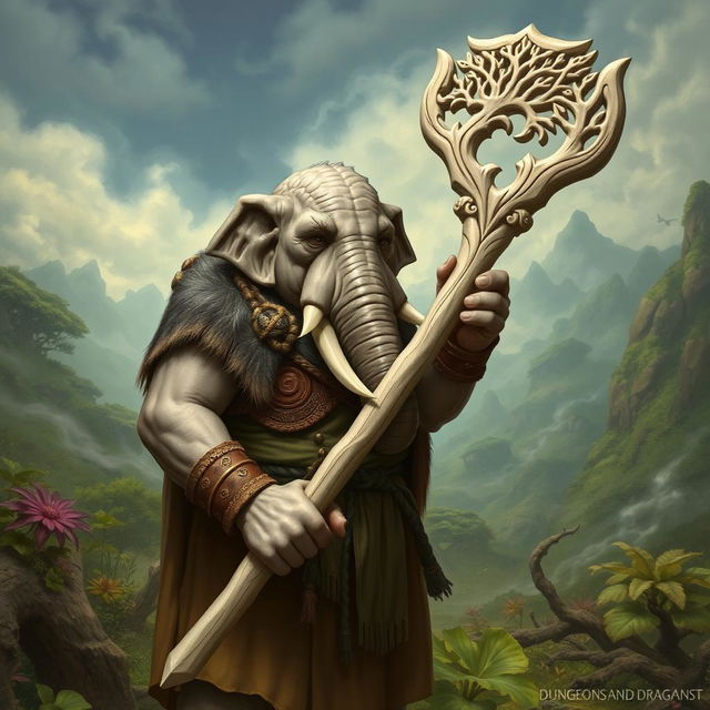 A detailed illustration of a youthful male Loxodon character from Dungeons and Dragons, depicted as a wise Druid