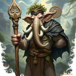 A detailed illustration of a youthful male Loxodon character from Dungeons and Dragons, depicted as a wise Druid