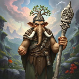 A detailed illustration of a youthful male Loxodon character from Dungeons and Dragons, depicted as a wise Druid