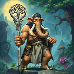 A detailed illustration of a youthful male Loxodon character from Dungeons and Dragons, depicted as a wise Druid