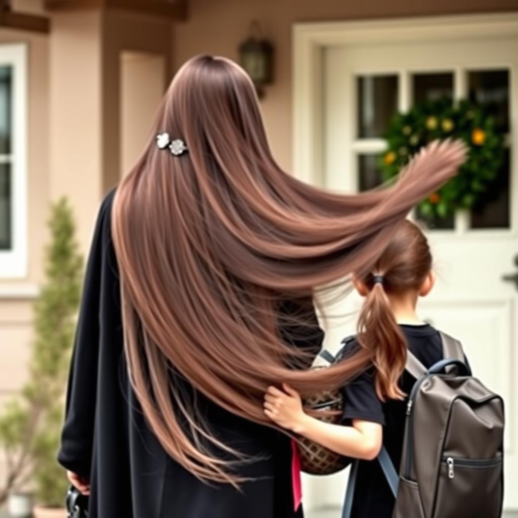 A mother with extremely long and silky smooth hair flowing freely, adorned with a hairband, is wearing a winter black abaya