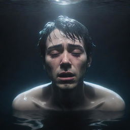 An anime-style man crying, submerged in deep, dark, murky water, with shafts of light filtering through the water's surface.