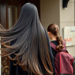 A mother with extremely long and silky smooth hair flowing freely, adorned with a hairband, is wearing a winter black abaya