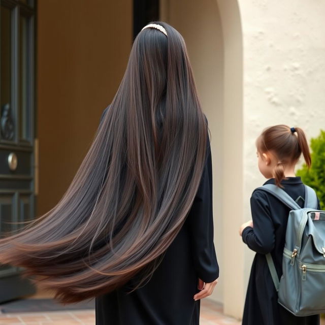 A mother with extremely long and silky smooth hair flowing freely, adorned with a hairband, is wearing a winter black abaya