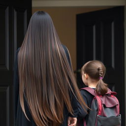 A mother with extremely long and silky smooth hair flowing freely, adorned with a hairband, is wearing a winter black abaya