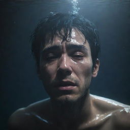 An anime-style man crying, submerged in deep, dark, murky water, with shafts of light filtering through the water's surface.