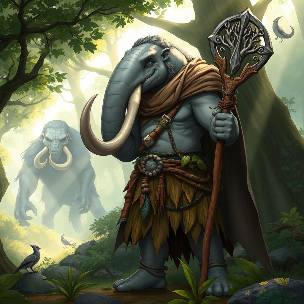 A detailed illustration of a youthful male Loxodon character from Dungeons and Dragons, portrayed as a wise and vibrant Druid