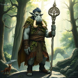 A detailed illustration of a youthful male Loxodon character from Dungeons and Dragons, portrayed as a wise and vibrant Druid