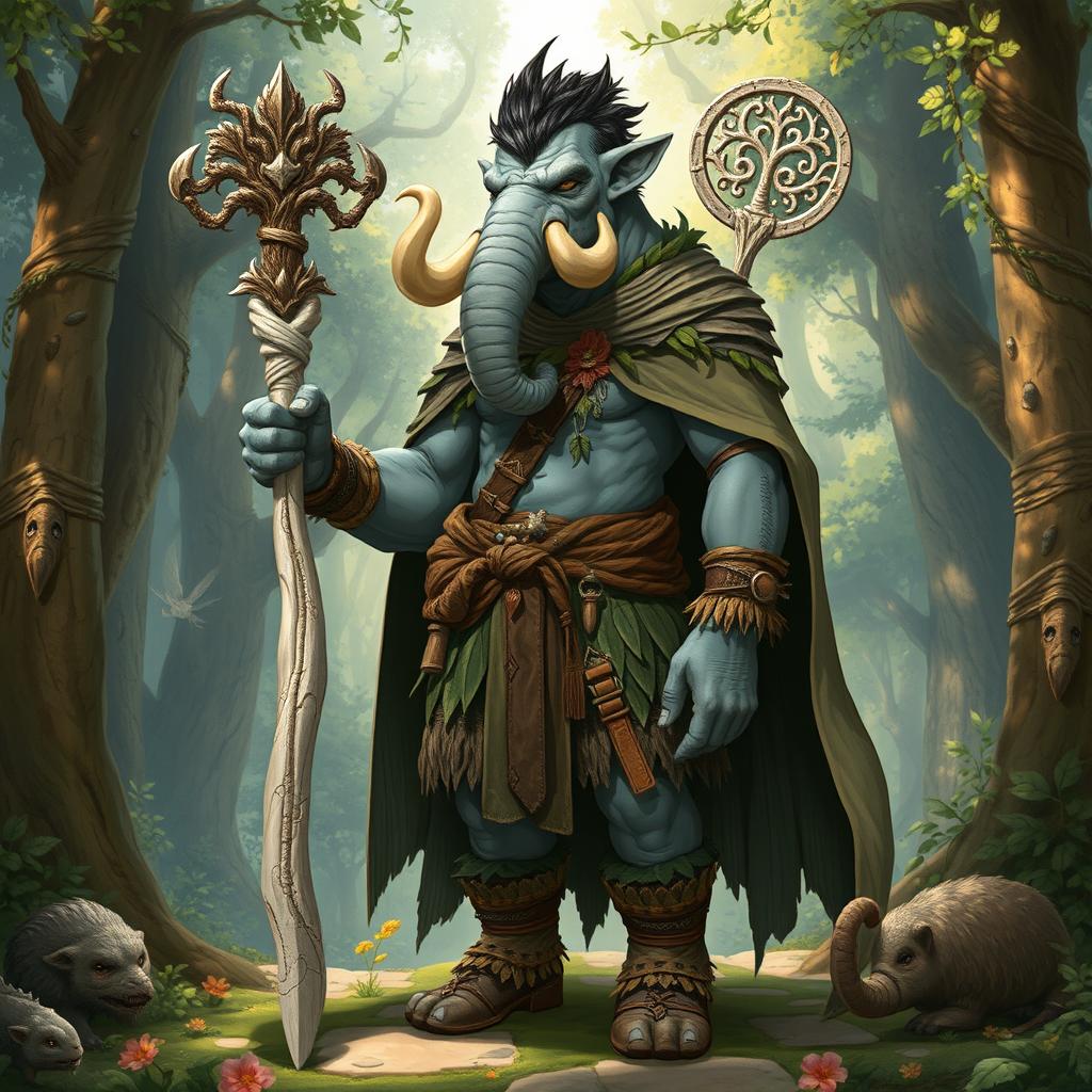 A detailed illustration of a youthful male Loxodon character from Dungeons and Dragons, portrayed as a wise and vibrant Druid