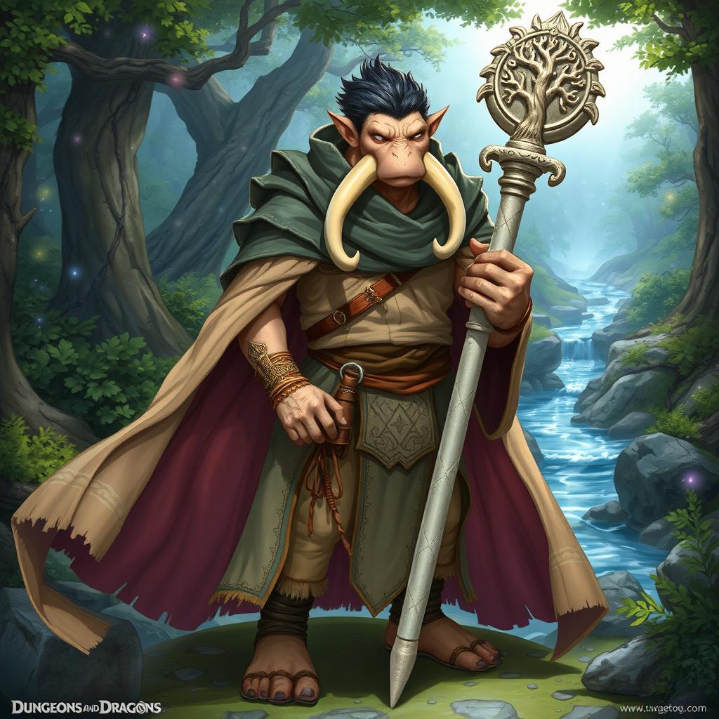 A detailed illustration of a youthful male Loxodon character from Dungeons and Dragons, depicted as a wise and dynamic Druid