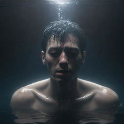 An anime-style man crying, submerged in deep, dark, murky water, with shafts of light filtering through the water's surface.