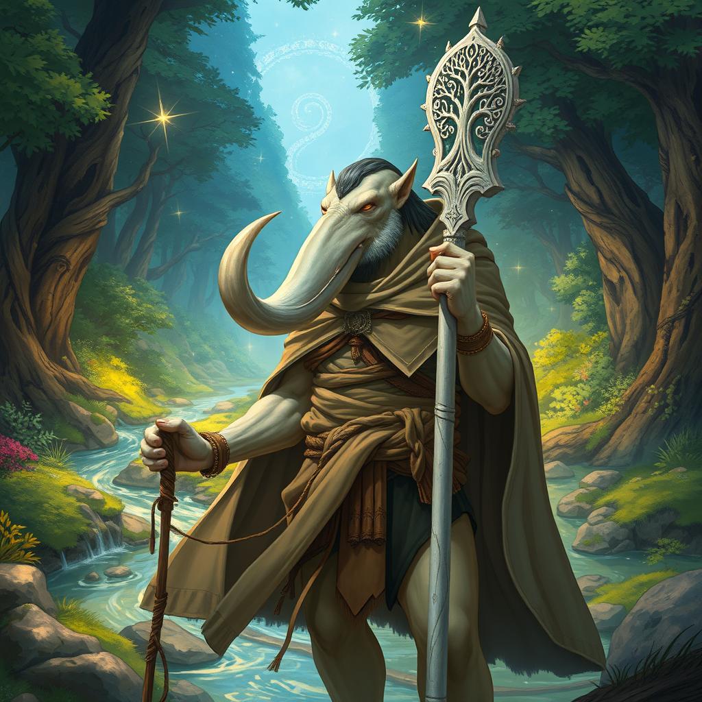 A detailed illustration of a youthful male Loxodon character from Dungeons and Dragons, depicted as a wise and dynamic Druid