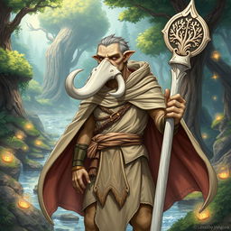 A detailed illustration of a youthful male Loxodon character from Dungeons and Dragons, depicted as a wise and dynamic Druid