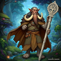 A detailed illustration of a youthful male Loxodon character from Dungeons and Dragons, depicted as a wise and dynamic Druid