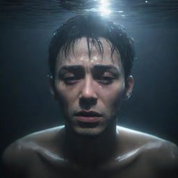 An anime-style man crying, submerged in deep, dark, murky water, with shafts of light filtering through the water's surface.