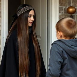 A mother with extremely long, smooth, loose hair adorned with a headband, wearing a black winter cloak is standing by the door