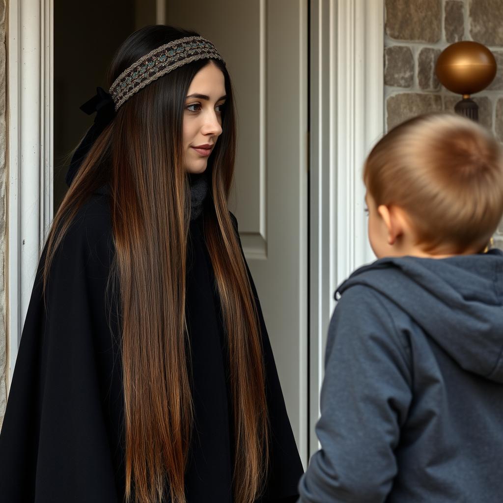 A mother with extremely long, smooth, loose hair adorned with a headband, wearing a black winter cloak is standing by the door