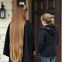 A mother with extremely long, smooth, loose hair adorned with a headband, wearing a black winter cloak is standing by the door