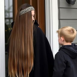 A mother with extremely long, smooth, loose hair adorned with a headband, wearing a black winter cloak is standing by the door