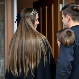 A mother with extremely long, smooth, loose hair adorned with a headband, wearing a black winter cloak is standing by the door