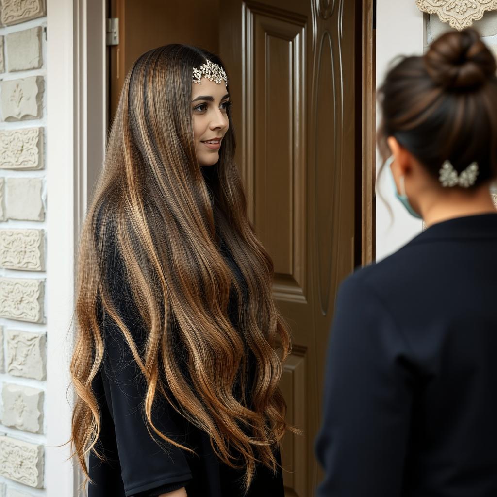 A mother with very long, silky, and flowing hair wearing a headband and dressed in a black winter abaya