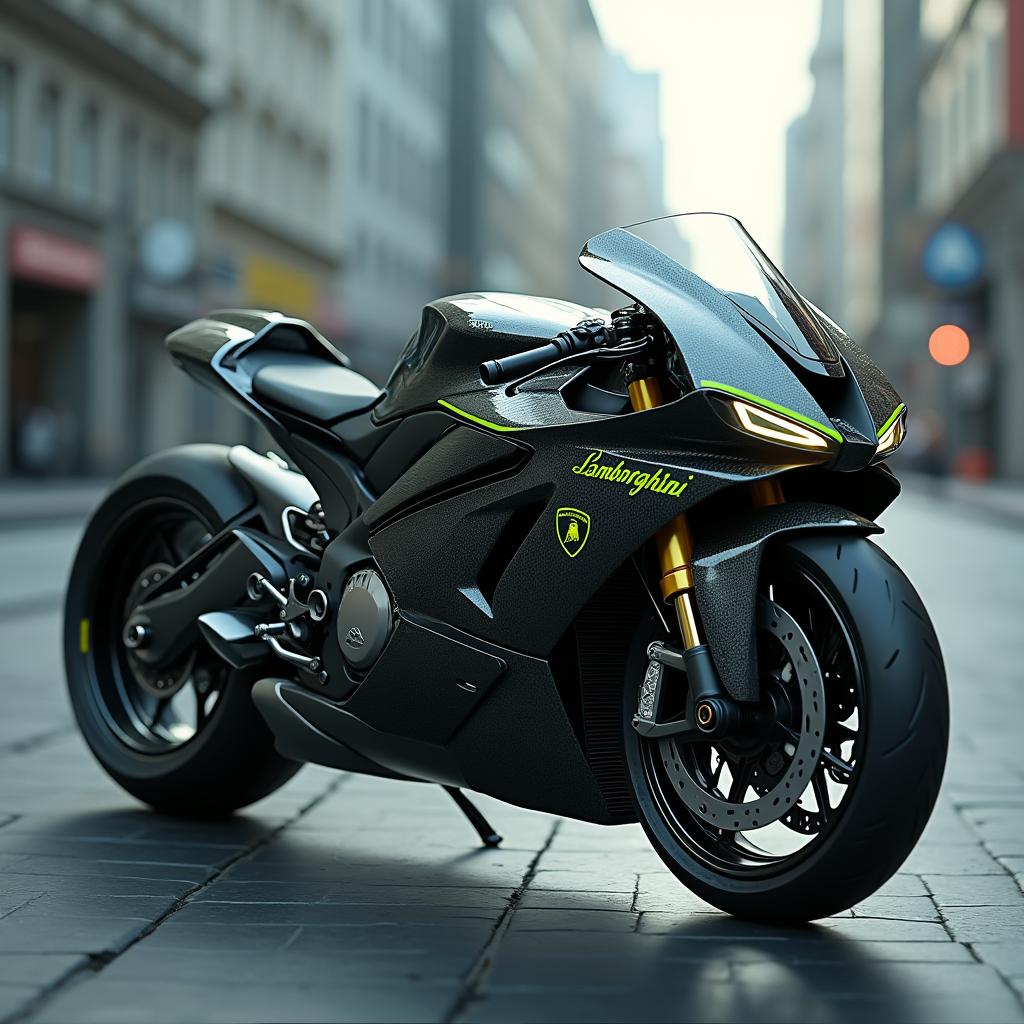 A conceptual image of a Lamborghini motorcycle, highlighting a futuristic and sleek design inspired by Lamborghini's iconic car models