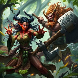 A dynamic scene featuring a female Tiefling druid and a male barbarian druid locked in an epic battle